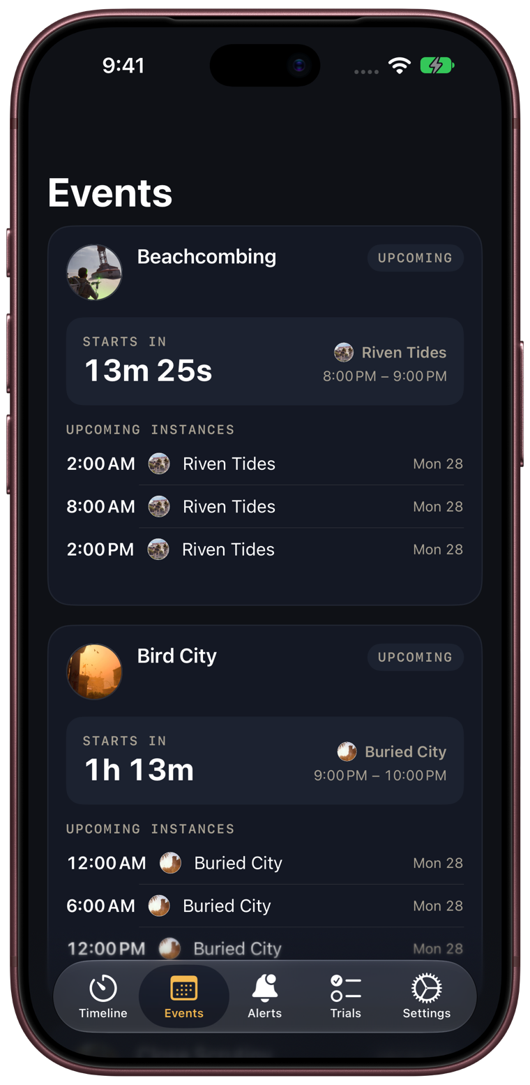The Events tab: Beachcombing starts in 13 minutes on Riven Tides, with its upcoming times listed below.