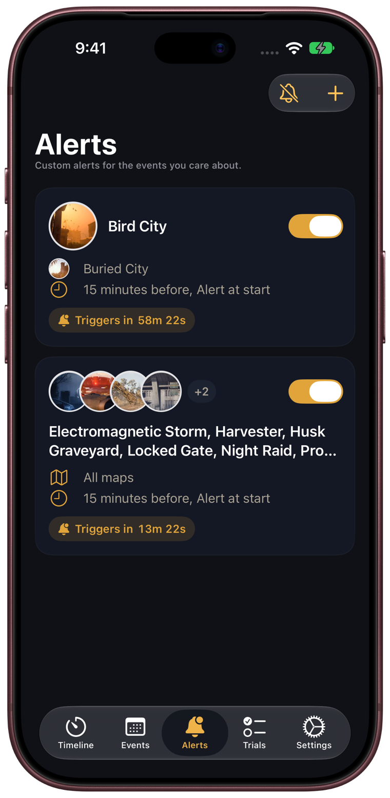The Alerts tab with two custom alerts, one for Bird City on Buried City and one for several conditions on all maps.