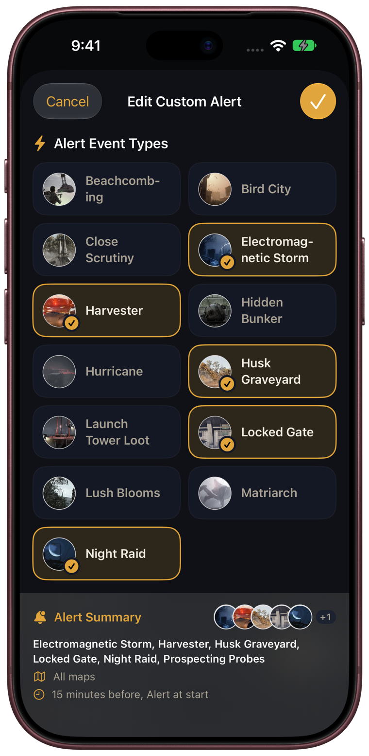 Editing a custom alert: event types such as Harvester, Locked Gate and Night Raid are selected.