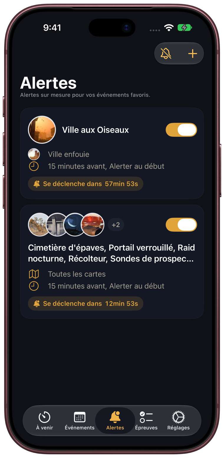 L’onglet Alertes avec deux alertes personnalisées : Ville aux Oiseaux sur Ville enfouie, et plusieurs conditions sur toutes les cartes.