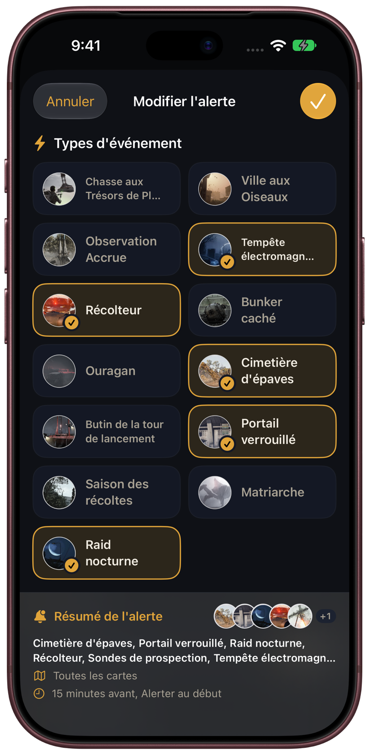 Modification d’une alerte personnalisée : Récolteur, Portail verrouillé et Raid nocturne sont sélectionnés.